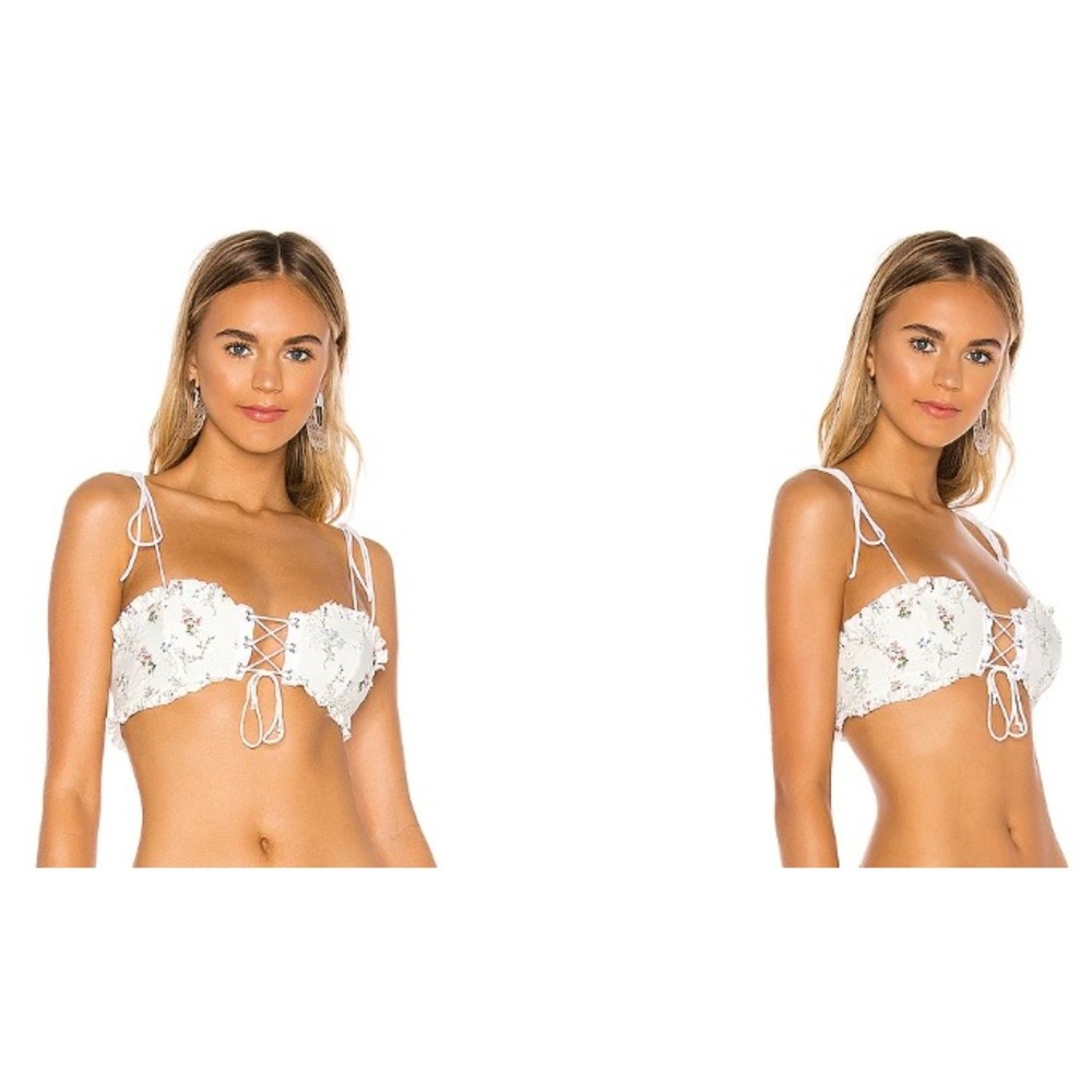 For Love & Lemons Christy Lace Up Top Size XS Cream Floral Eyelet Ruffle Swim